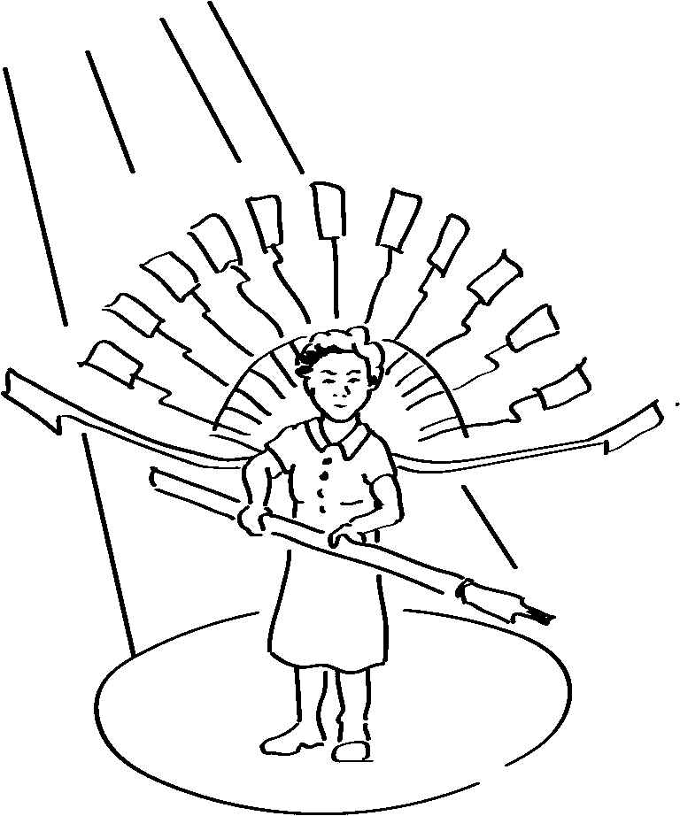 Mary Tchunki Fan Huang drawn as a Chinese Opera warrior, typewriter keys as costume and pen as a sword